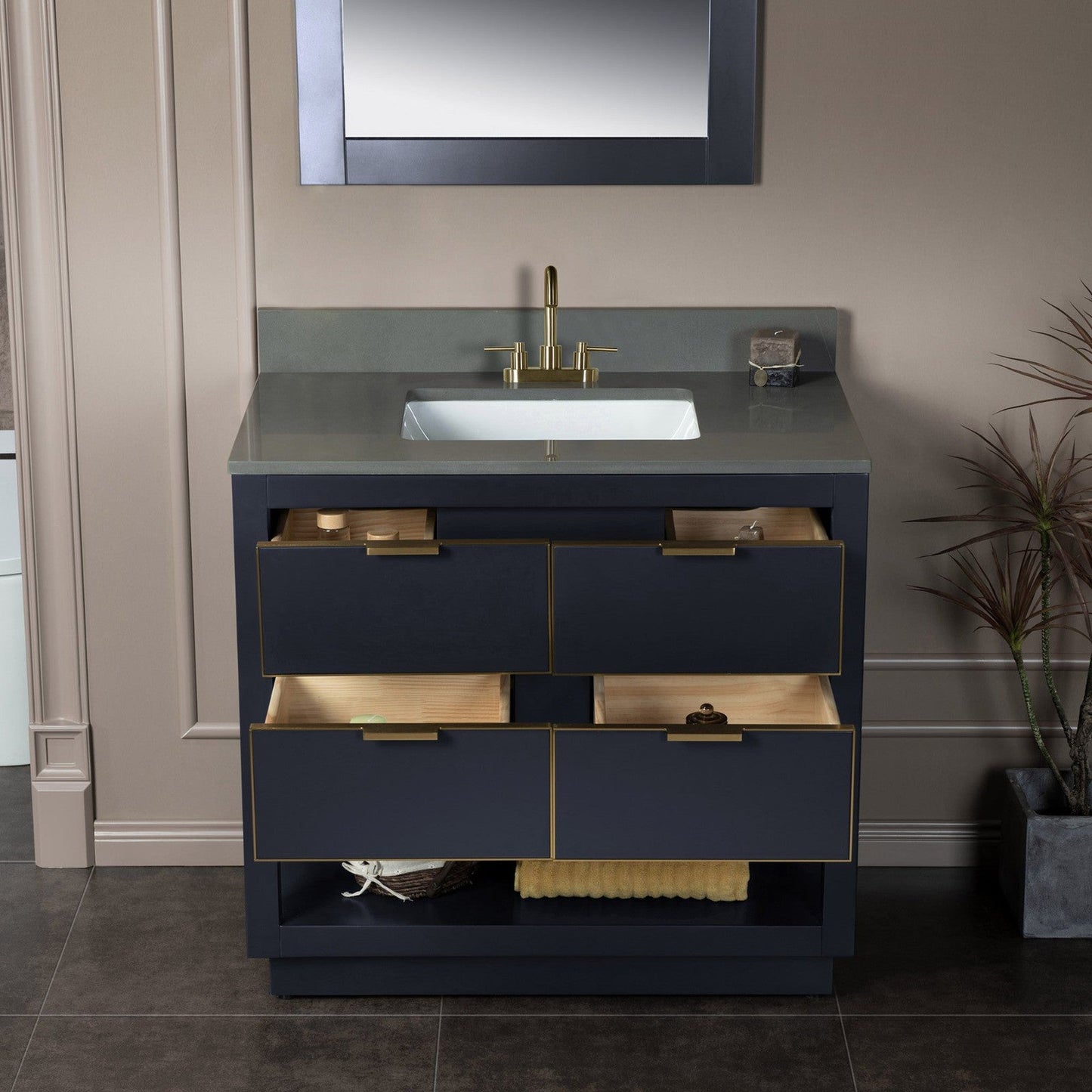 Woodbridge Venice 37" Gray and Gold Trim Solid Wood Vanity Base and Dark Gray Engineered Stone Composite Top With 3 Pre-Drilled Holes for 4" Centerset Faucet