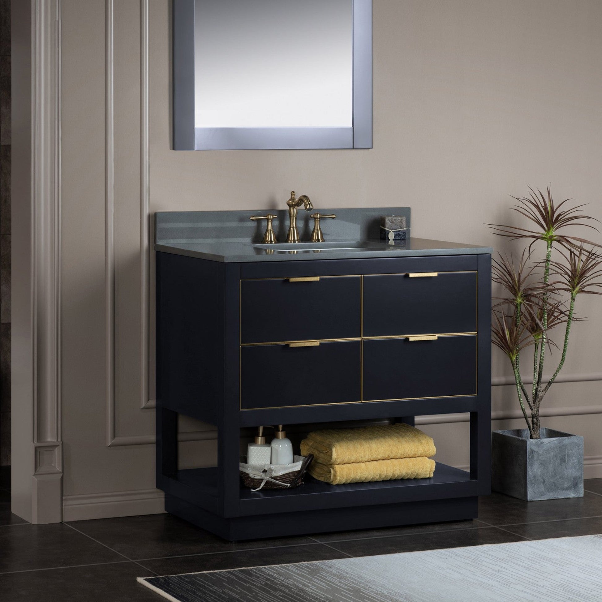 Woodbridge Venice 37" Gray and Gold Trim Solid Wood Vanity Base and Dark Gray Engineered Stone Composite Top With 3 Pre-drilled Holes for 8" Widespread Faucet