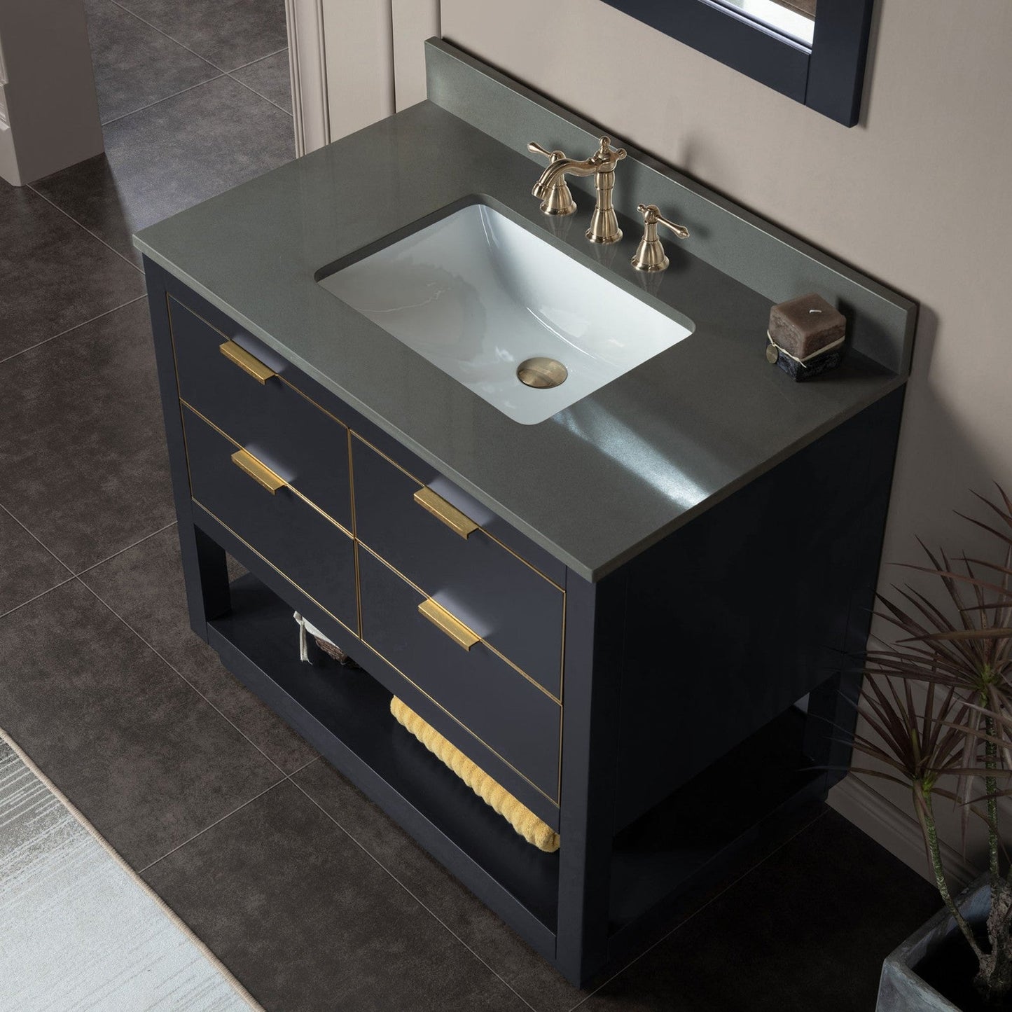 Woodbridge Venice 37" Gray and Gold Trim Solid Wood Vanity Base and Dark Gray Engineered Stone Composite Top With 3 Pre-drilled Holes for 8" Widespread Faucet