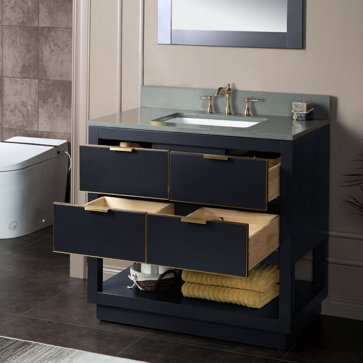 Woodbridge Venice 37" Gray and Gold Trim Solid Wood Vanity Base and Dark Gray Engineered Stone Composite Top With 3 Pre-drilled Holes for 8" Widespread Faucet