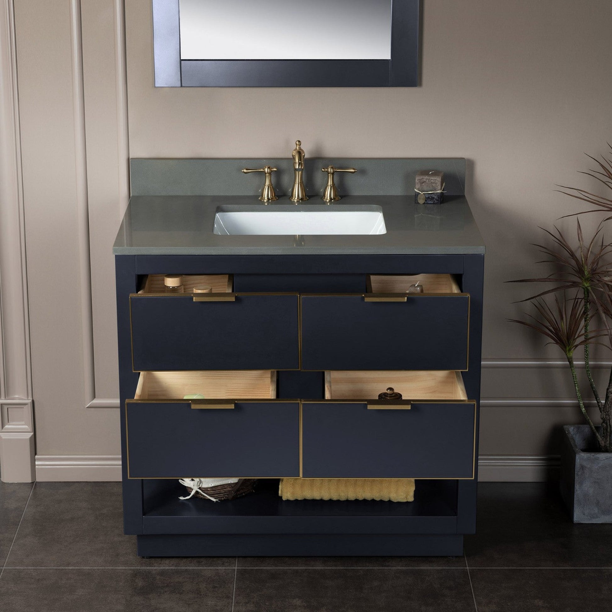 Woodbridge Venice 37" Gray and Gold Trim Solid Wood Vanity Base and Dark Gray Engineered Stone Composite Top With 3 Pre-drilled Holes for 8" Widespread Faucet