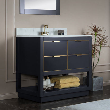 Woodbridge Venice 37" Gray and Gold Trim Solid Wood Vanity Base and Fish Belly White Engineered Stone Composite Top With 3 Pre-Drilled Holes for 4" Centerset Faucet
