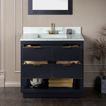 Woodbridge Venice 37" Gray and Gold Trim Solid Wood Vanity Base and Fish Belly White Engineered Stone Composite Top With 3 Pre-Drilled Holes for 4" Centerset Faucet