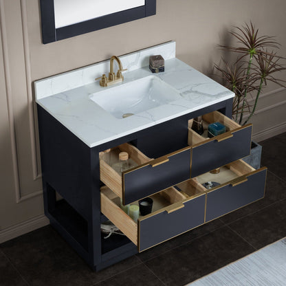 Woodbridge Venice 37" Gray and Gold Trim Solid Wood Vanity Base and Fish Belly White Engineered Stone Composite Top With 3 Pre-Drilled Holes for 4" Centerset Faucet