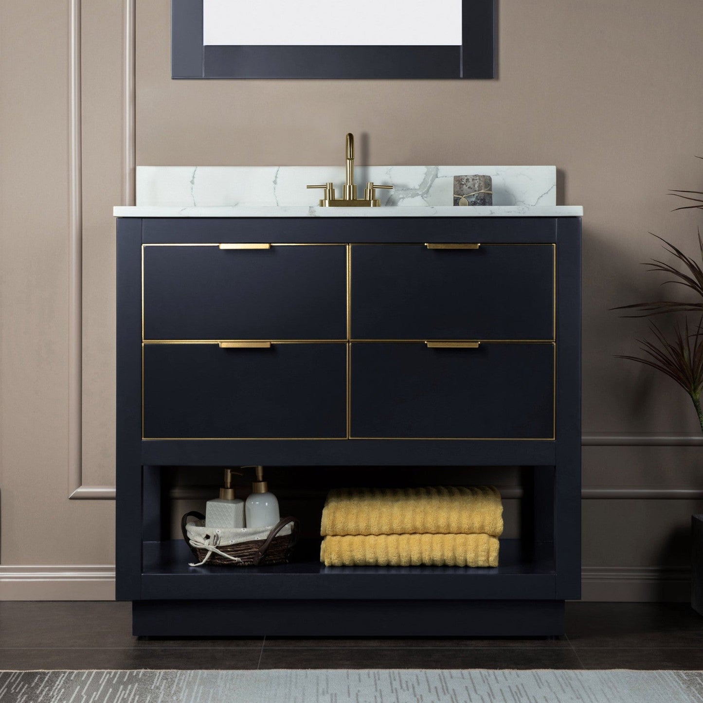 Woodbridge Venice 37" Gray and Gold Trim Solid Wood Vanity Base and Fish Belly White Engineered Stone Composite Top With 3 Pre-Drilled Holes for 4" Centerset Faucet