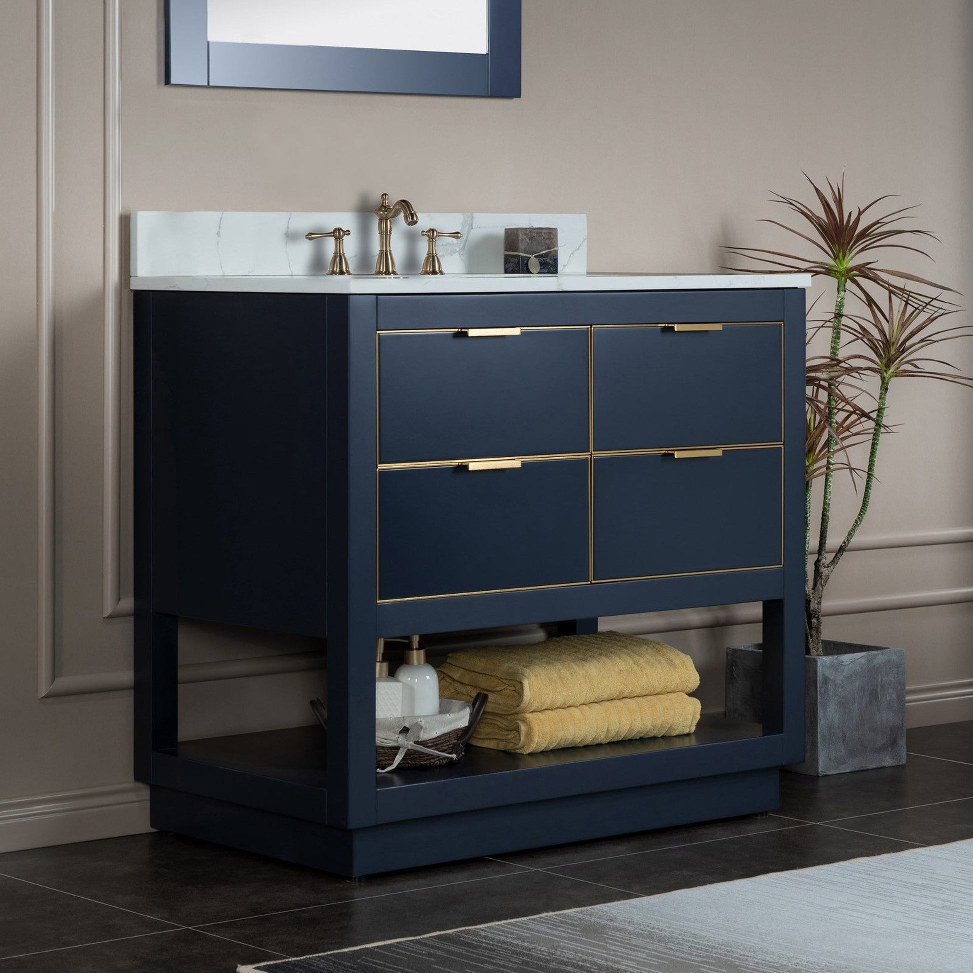 Woodbridge Venice 37" Navy Blue With Gold Trim Solid Wood Vanity Base and Fish Belly White Engineered Stone Composite Top With 3 Pre-drilled Holes for 8" Widespread Faucet