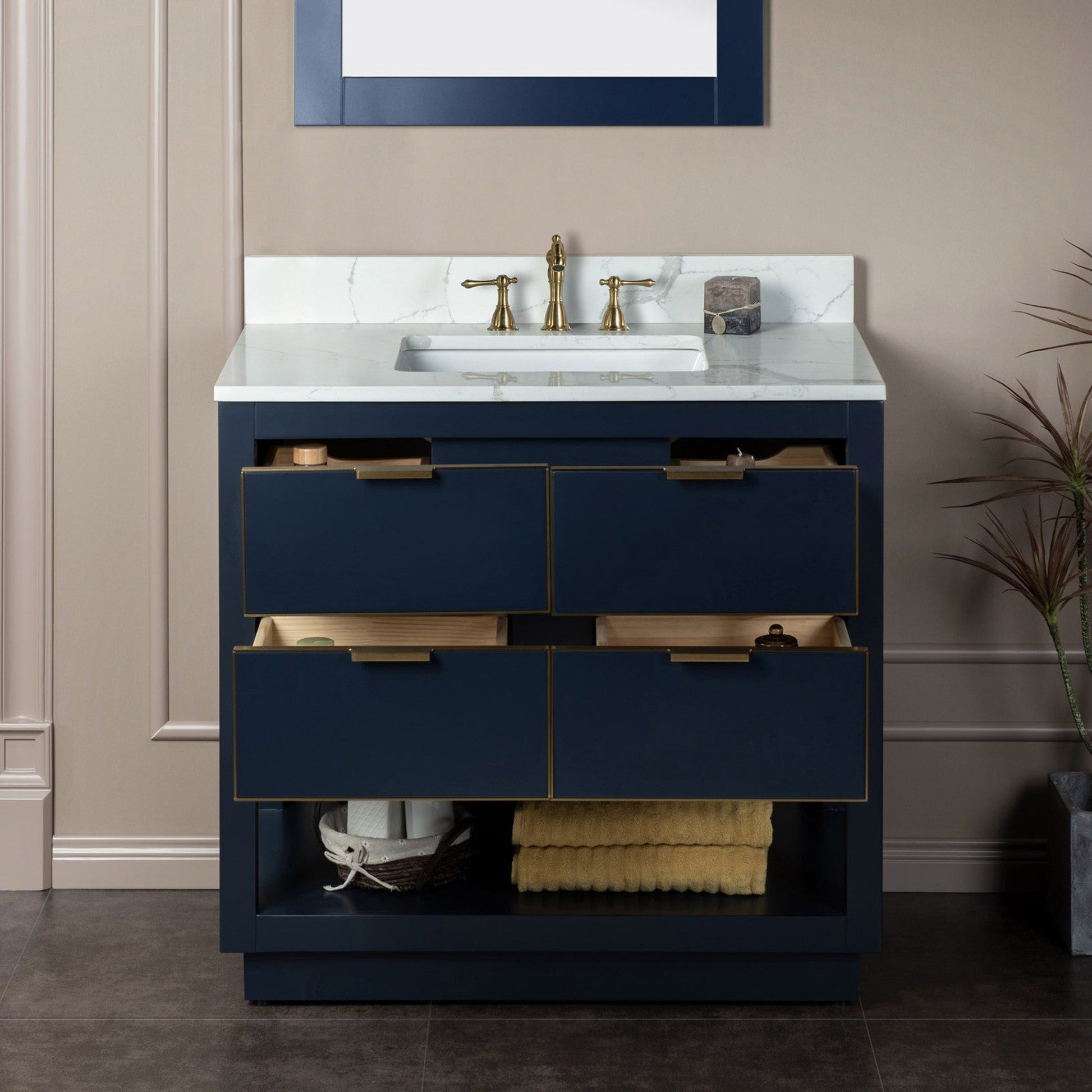 Woodbridge Venice 37" Navy Blue With Gold Trim Solid Wood Vanity Base and Fish Belly White Engineered Stone Composite Top With 3 Pre-drilled Holes for 8" Widespread Faucet