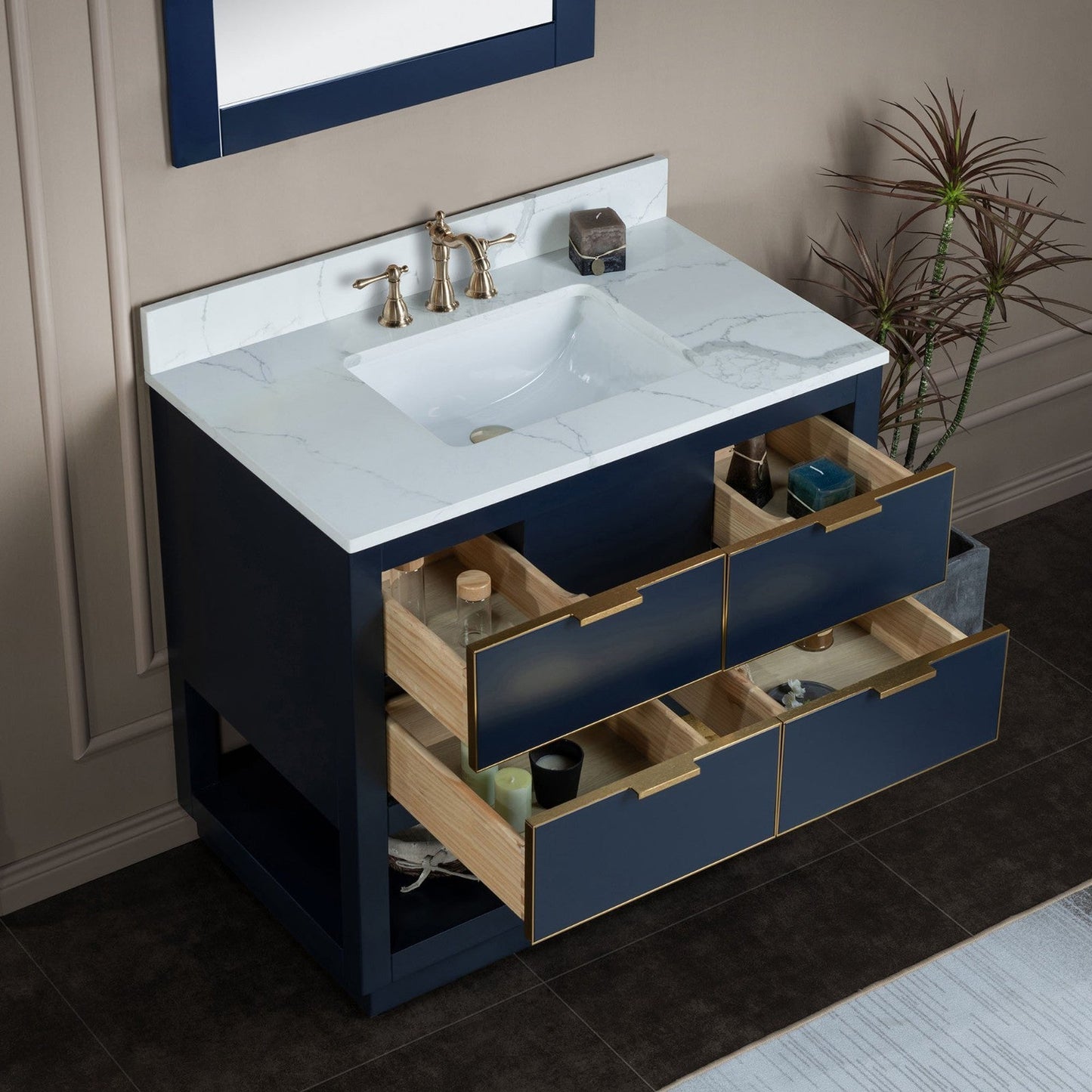 Woodbridge Venice 37" Navy Blue With Gold Trim Solid Wood Vanity Base and Fish Belly White Engineered Stone Composite Top With 3 Pre-drilled Holes for 8" Widespread Faucet