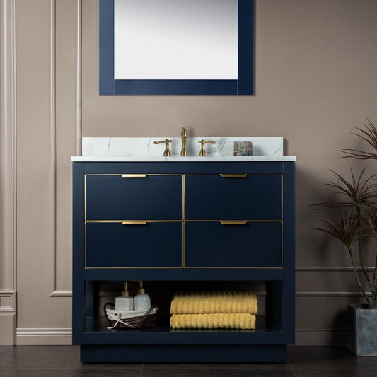 Woodbridge Venice 37" Navy Blue With Gold Trim Solid Wood Vanity Base and Fish Belly White Engineered Stone Composite Top With 3 Pre-drilled Holes for 8" Widespread Faucet