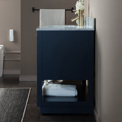 Woodbridge Venice 37" Navy Blue and Gold Trim Solid Wood Vanity Base and Carrara Marble Top With 3 Pre-Drilled Holes for 4" Centerset Faucet