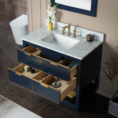 Woodbridge Venice 37" Navy Blue and Gold Trim Solid Wood Vanity Base and Carrara Marble Top With 3 Pre-Drilled Holes for 4" Centerset Faucet