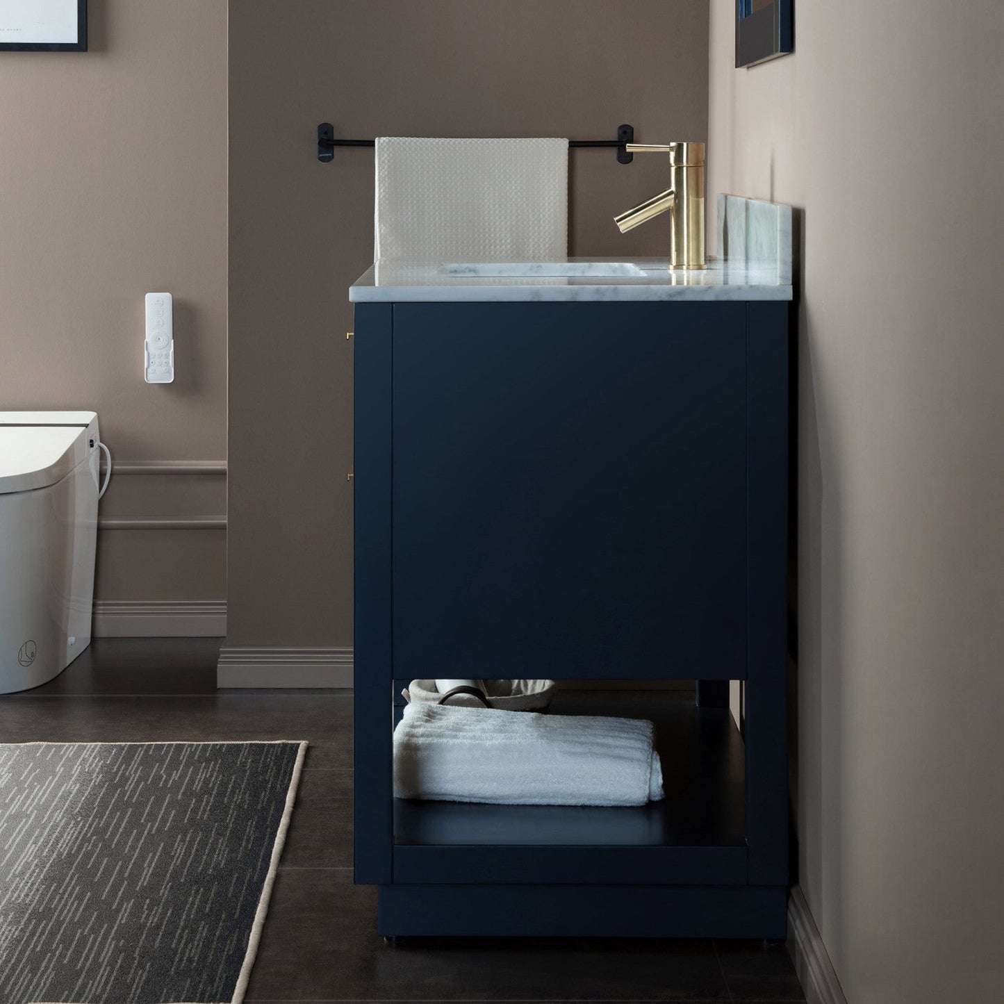 Woodbridge Venice 37" Navy Blue and Gold Trim Solid Wood Vanity Base and Carrara Marble Top With Pre-Drilled Single Hole Faucet