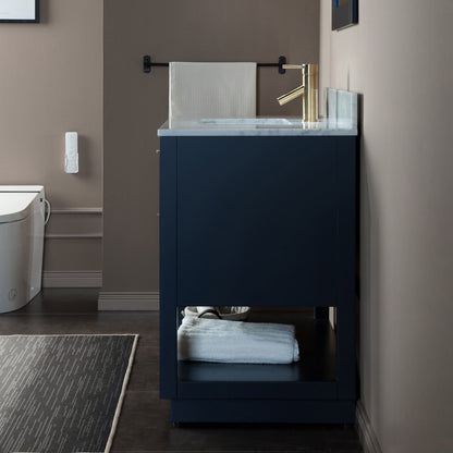 Woodbridge Venice 37" Navy Blue and Gold Trim Solid Wood Vanity Base and Carrara Marble Top With Pre-Drilled Single Hole Faucet