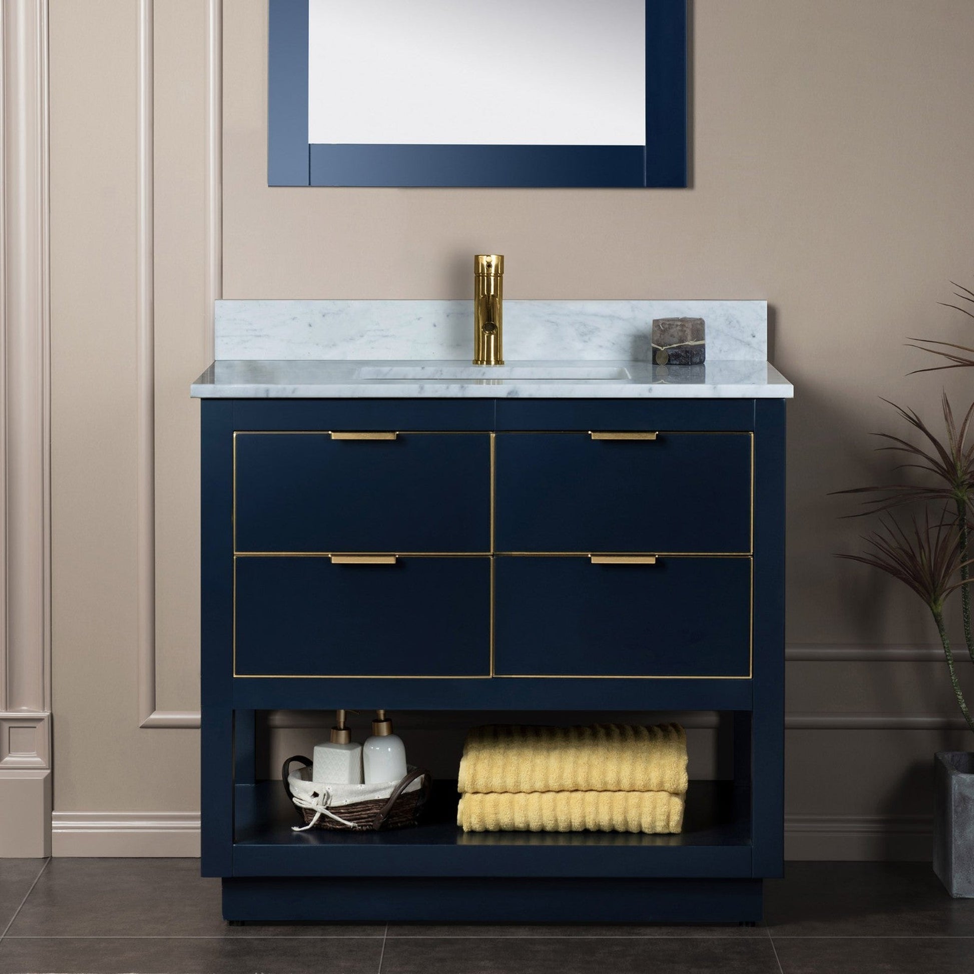 Woodbridge Venice 37" Navy Blue and Gold Trim Solid Wood Vanity Base and Carrara Marble Top With Pre-Drilled Single Hole Faucet