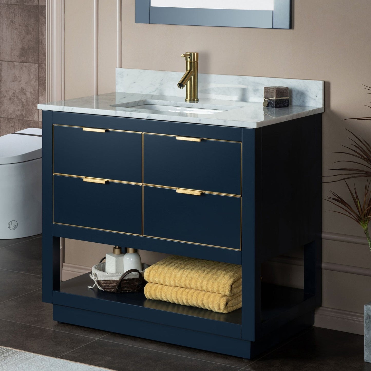 Woodbridge Venice 37" Navy Blue and Gold Trim Solid Wood Vanity Base and Carrara Marble Top With Pre-Drilled Single Hole Faucet