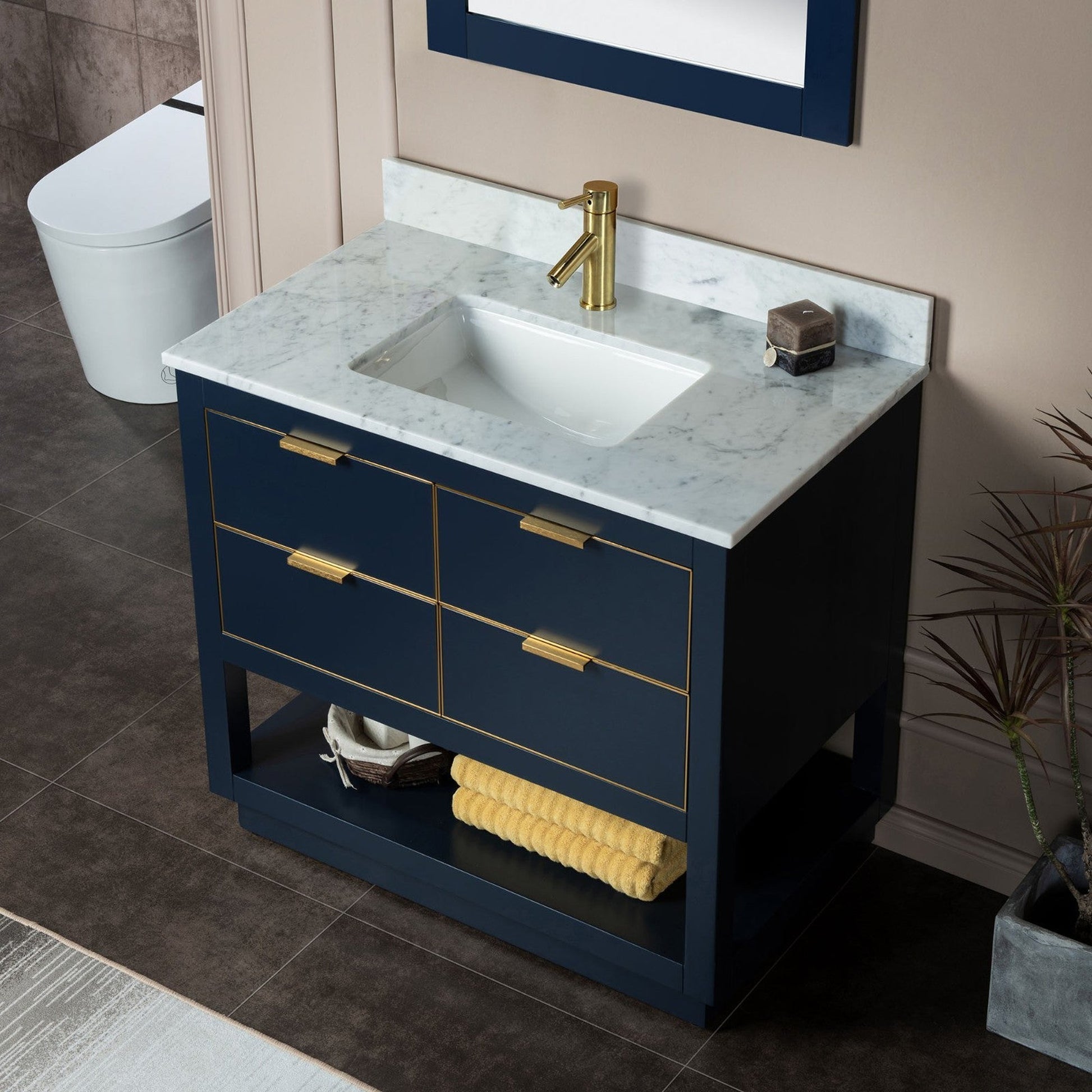 Woodbridge Venice 37" Navy Blue and Gold Trim Solid Wood Vanity Base and Carrara Marble Top With Pre-Drilled Single Hole Faucet
