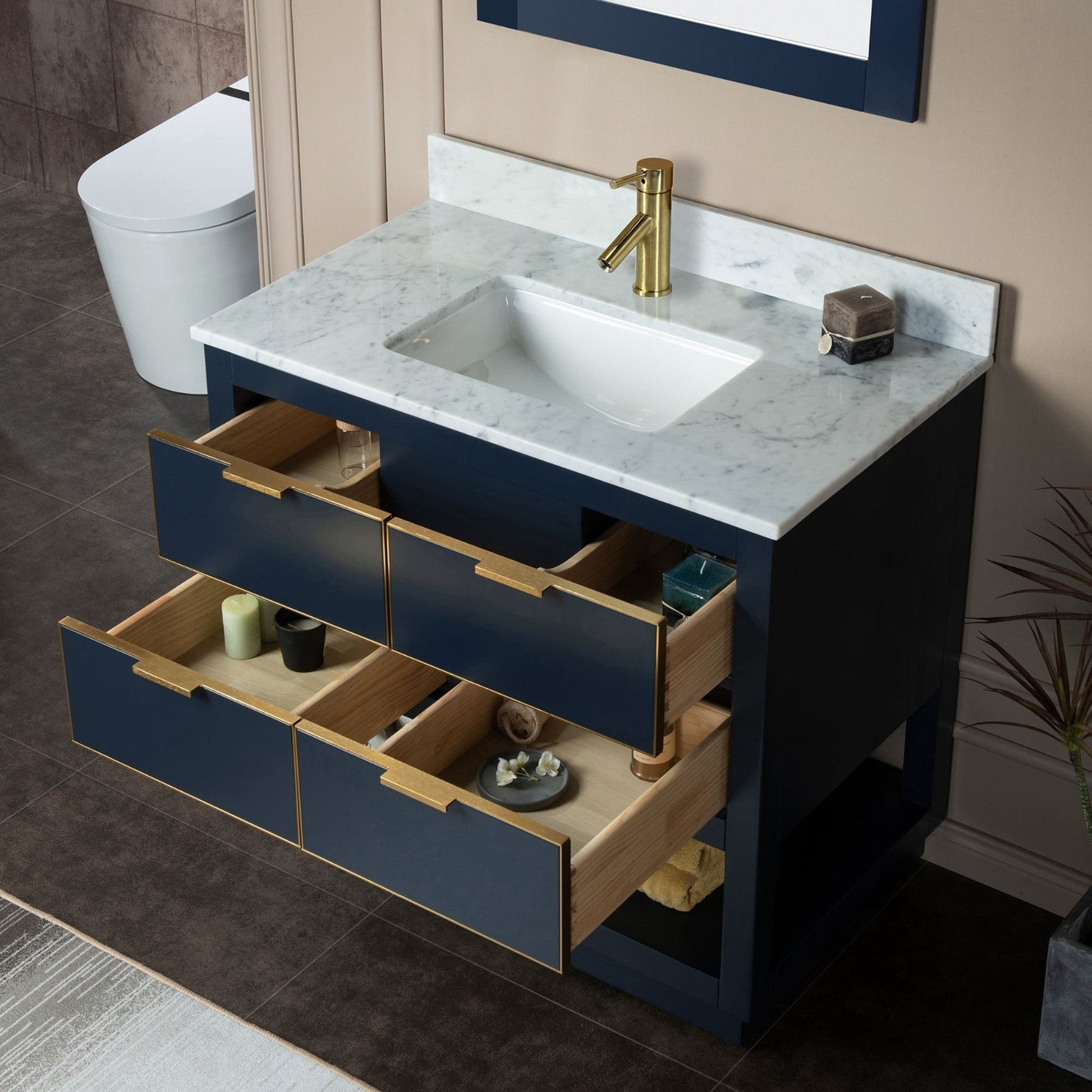 Woodbridge Venice 37" Navy Blue and Gold Trim Solid Wood Vanity Base and Carrara Marble Top With Pre-Drilled Single Hole Faucet