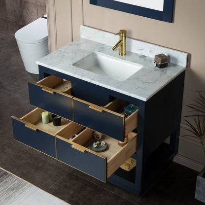 Woodbridge Venice 37" Navy Blue and Gold Trim Solid Wood Vanity Base and Carrara Marble Top With Pre-Drilled Single Hole Faucet
