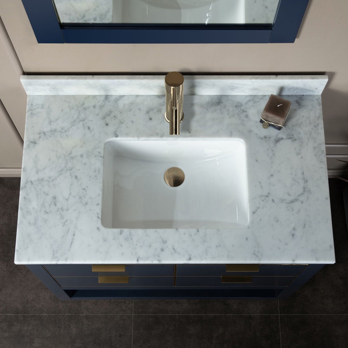 Woodbridge Venice 37" Navy Blue and Gold Trim Solid Wood Vanity Base and Carrara Marble Top With Pre-Drilled Single Hole Faucet
