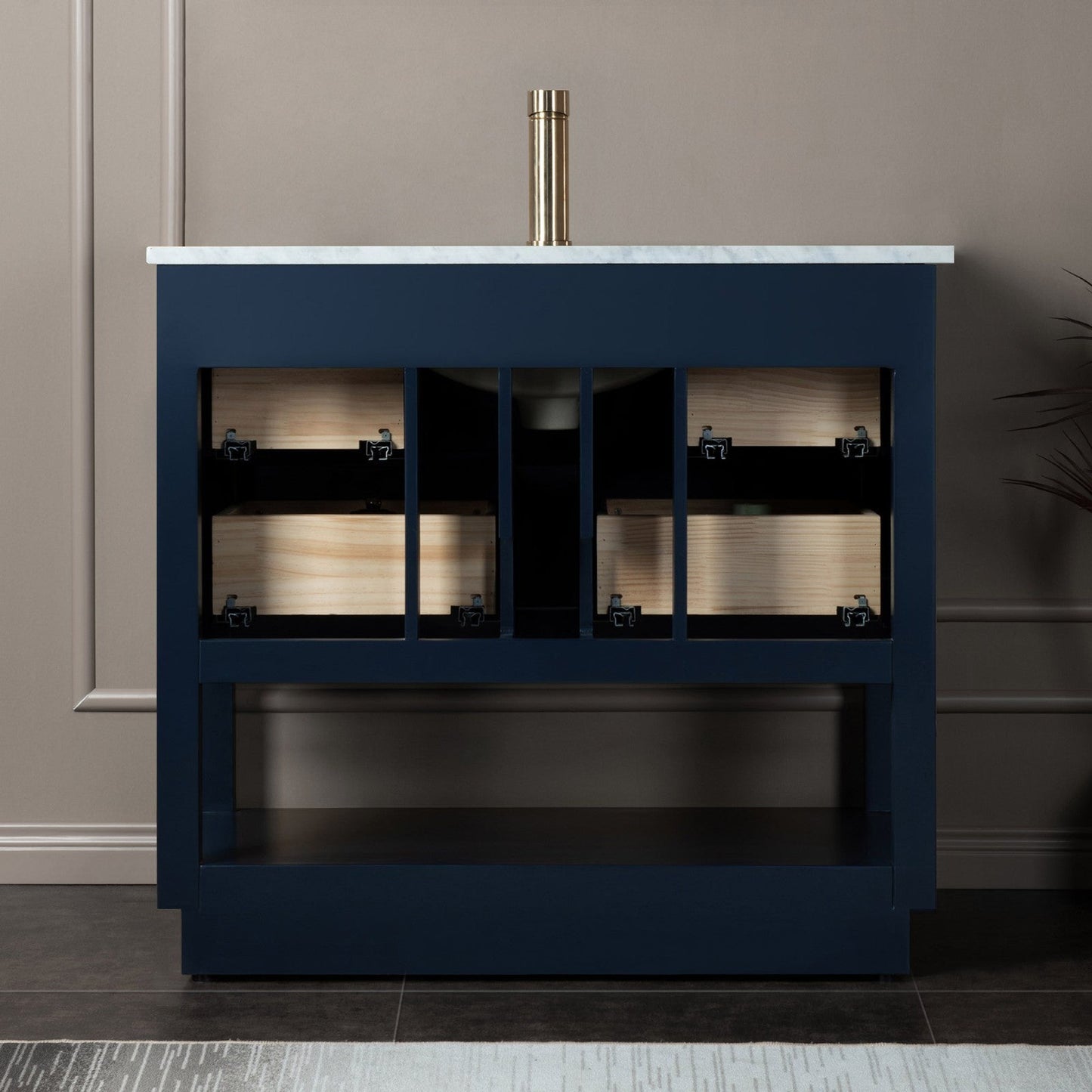 Woodbridge Venice 37" Navy Blue and Gold Trim Solid Wood Vanity Base and Carrara Marble Top With Pre-Drilled Single Hole Faucet