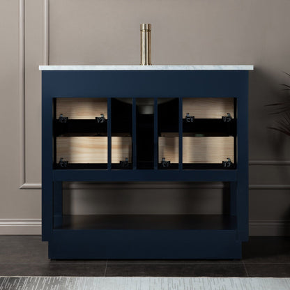 Woodbridge Venice 37" Navy Blue and Gold Trim Solid Wood Vanity Base and Carrara Marble Top With Pre-Drilled Single Hole Faucet