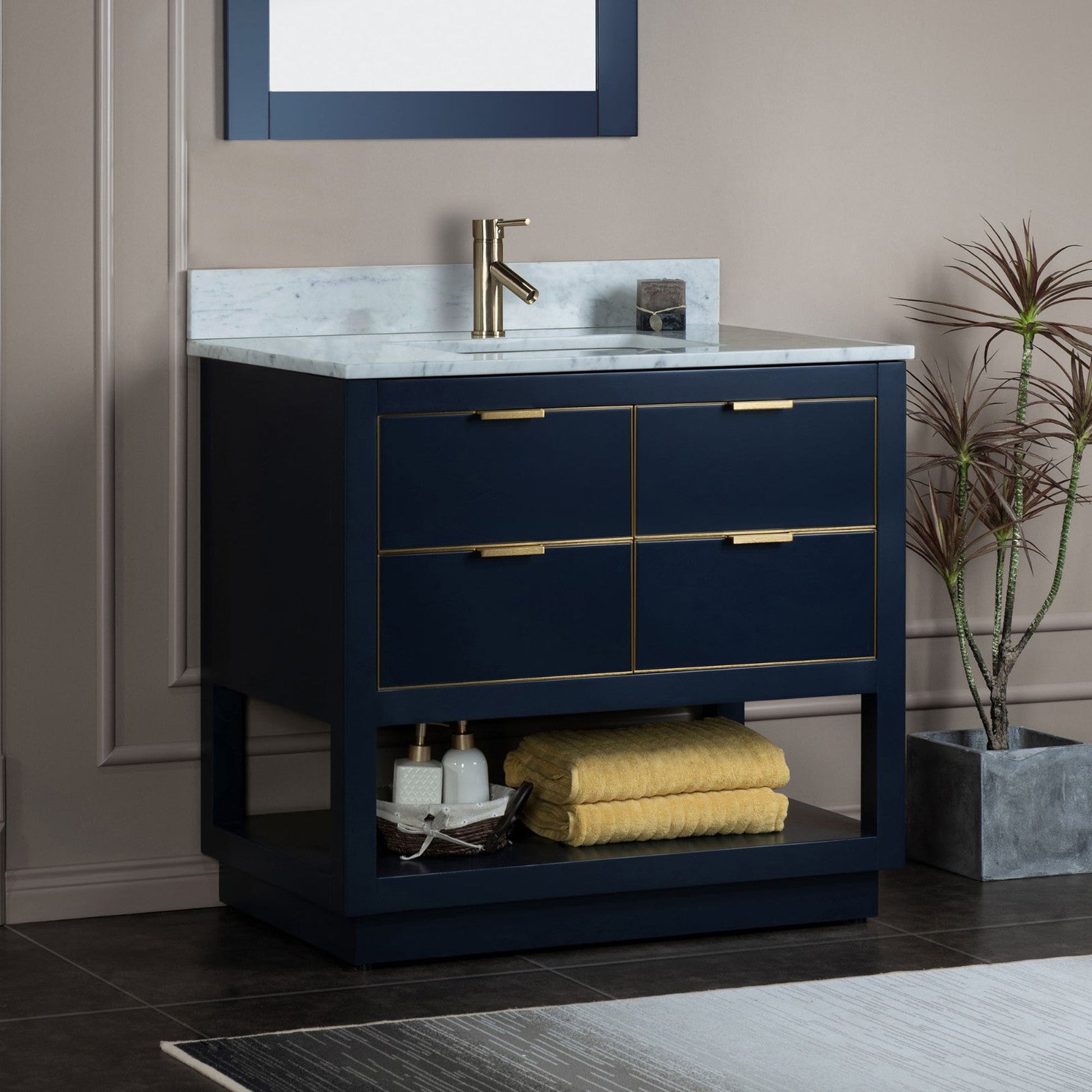 Woodbridge Venice 37" Navy Blue and Gold Trim Solid Wood Vanity Base and Carrara Marble Top With Pre-Drilled Single Hole Faucet