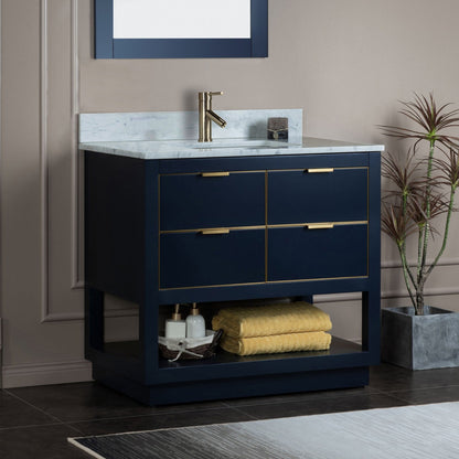 Woodbridge Venice 37" Navy Blue and Gold Trim Solid Wood Vanity Base and Carrara Marble Top With Pre-Drilled Single Hole Faucet