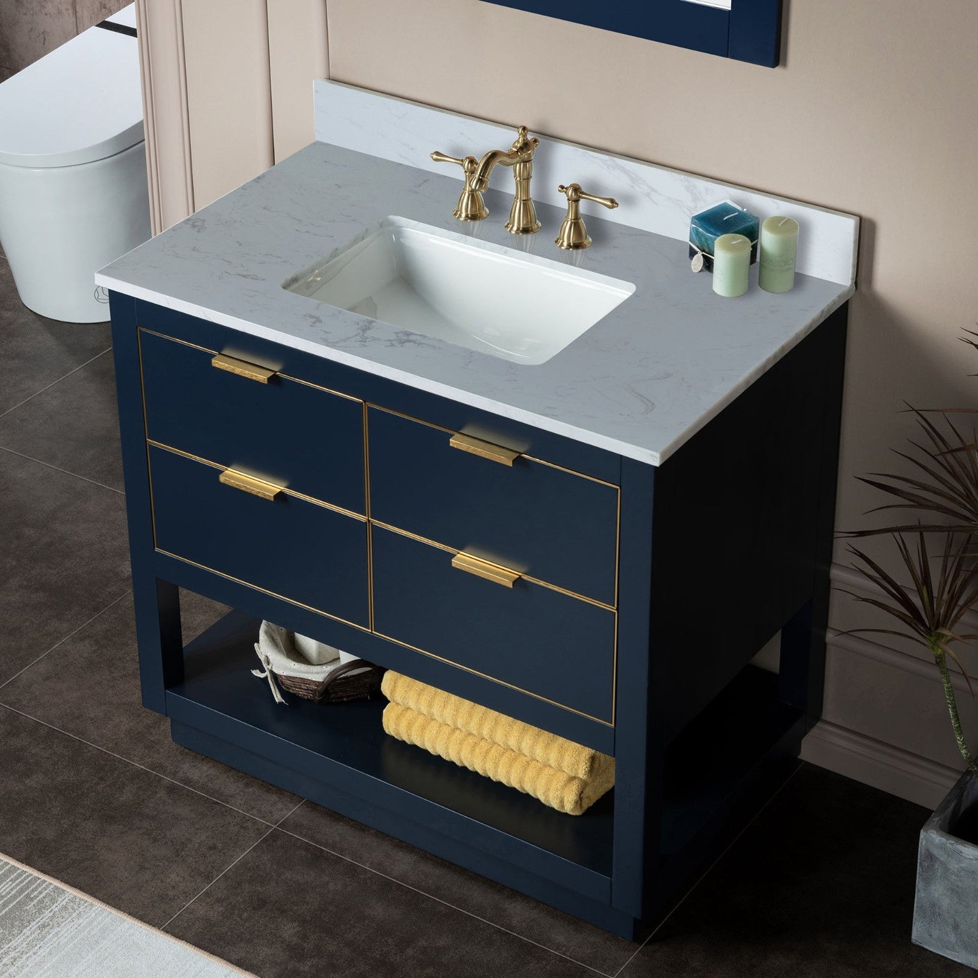 Woodbridge Venice 37" Navy Blue and Gold Trim Solid Wood Vanity Base and Carrara White Engineered Stone Top With 3 Pre-drilled Holes for 8" Widespread Faucet