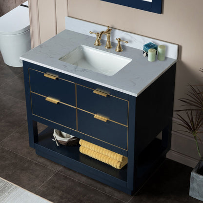 Woodbridge Venice 37" Navy Blue and Gold Trim Solid Wood Vanity Base and Carrara White Engineered Stone Top With 3 Pre-drilled Holes for 8" Widespread Faucet