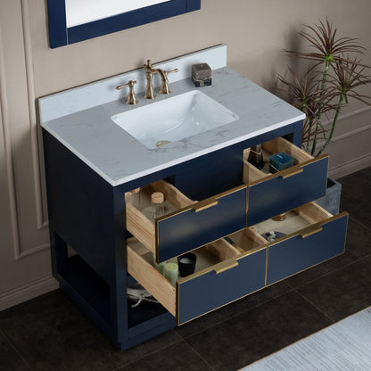Woodbridge Venice 37" Navy Blue and Gold Trim Solid Wood Vanity Base and Carrara White Engineered Stone Top With 3 Pre-drilled Holes for 8" Widespread Faucet