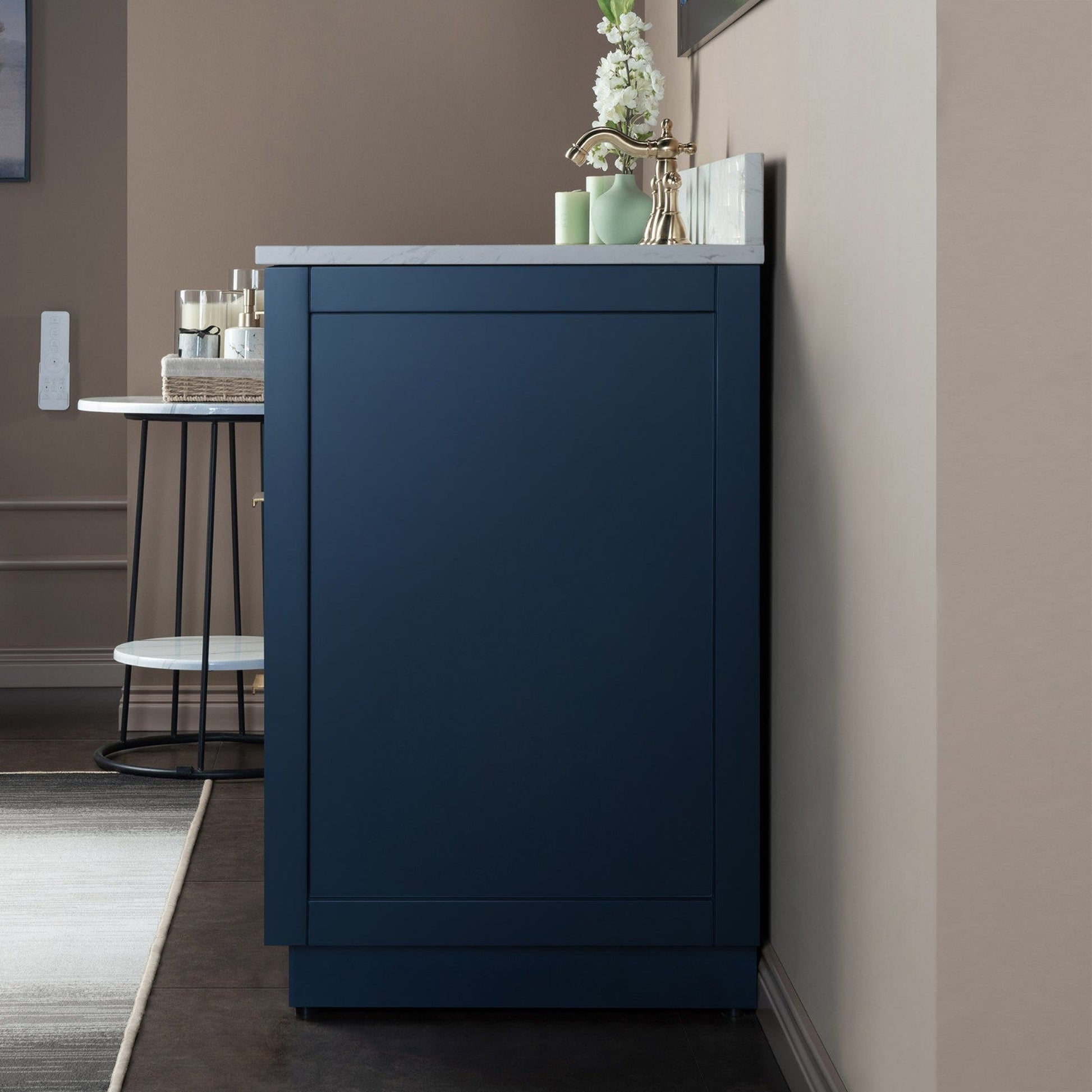 Woodbridge Venice 37" Navy Blue and Gold Trim Solid Wood Vanity Base and Carrara White Engineered Stone Top With 3 Pre-drilled Holes for 8" Widespread Faucet