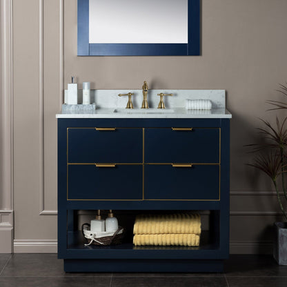 Woodbridge Venice 37" Navy Blue and Gold Trim Solid Wood Vanity Base and Carrara White Engineered Stone Top With 3 Pre-drilled Holes for 8" Widespread Faucet
