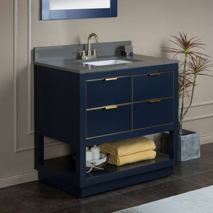 Woodbridge Venice 37" Navy Blue and Gold Trim Solid Wood Vanity Base and Dark Gray Engineered Stone Composite Top With 3 Pre-Drilled Holes for 4" Centerset Faucet