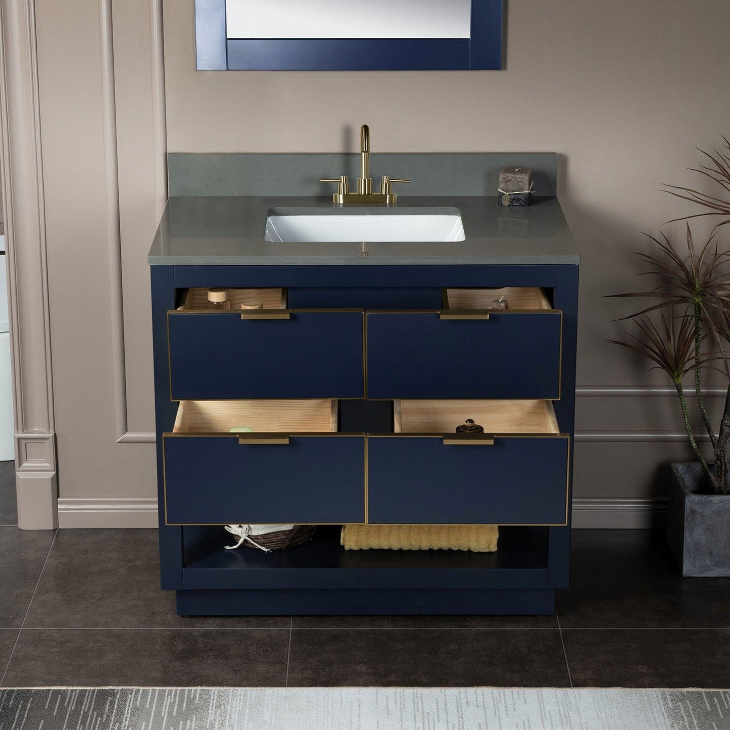 Woodbridge Venice 37" Navy Blue and Gold Trim Solid Wood Vanity Base and Dark Gray Engineered Stone Composite Top With 3 Pre-Drilled Holes for 4" Centerset Faucet
