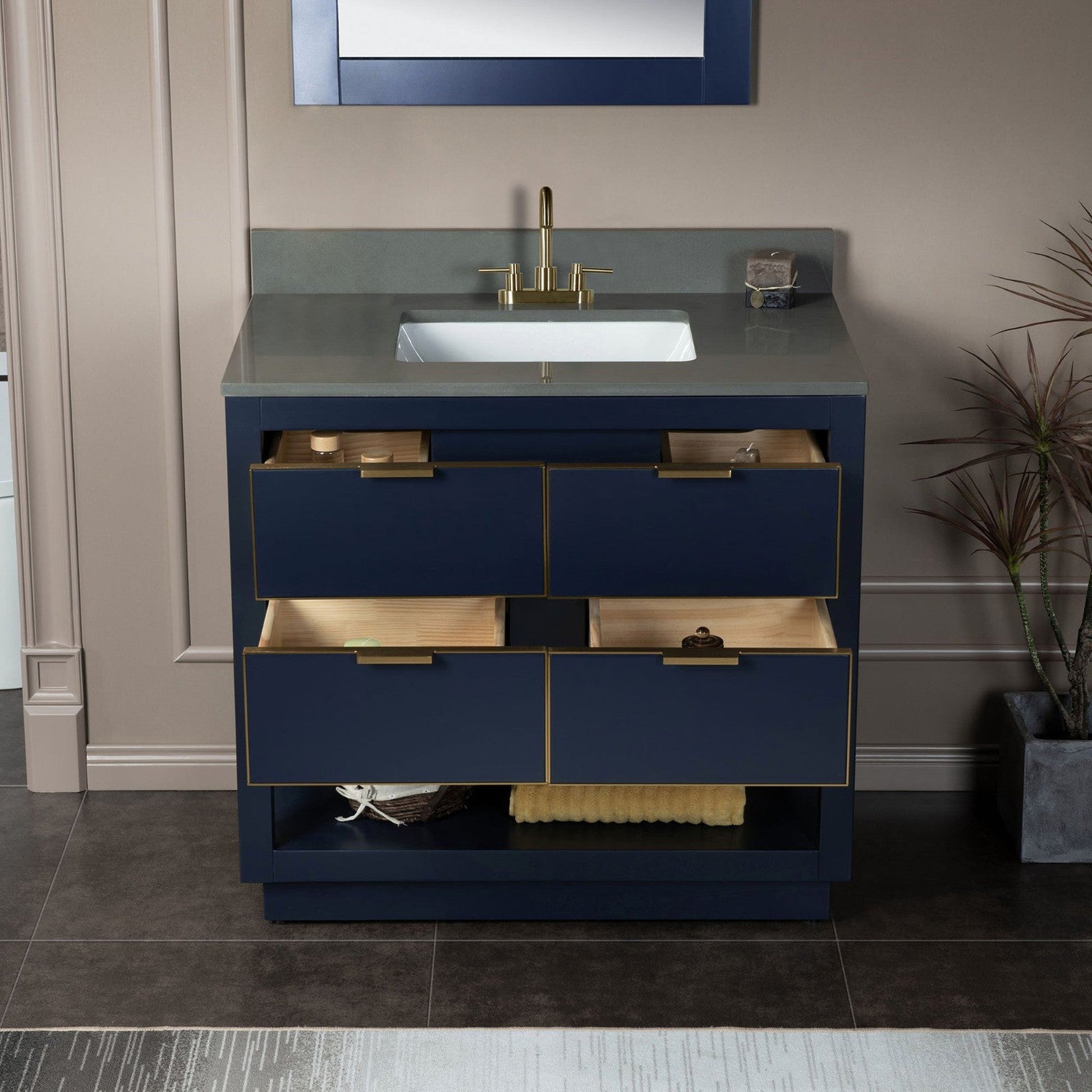 Woodbridge Venice 37" Navy Blue and Gold Trim Solid Wood Vanity Base and Dark Gray Engineered Stone Composite Top With 3 Pre-Drilled Holes for 4" Centerset Faucet