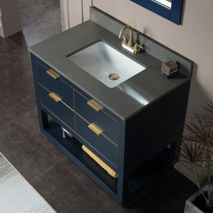 Woodbridge Venice 37" Navy Blue and Gold Trim Solid Wood Vanity Base and Dark Gray Engineered Stone Composite Top With 3 Pre-Drilled Holes for 4" Centerset Faucet