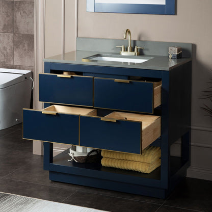 Woodbridge Venice 37" Navy Blue and Gold Trim Solid Wood Vanity Base and Dark Gray Engineered Stone Composite Top With 3 Pre-Drilled Holes for 4" Centerset Faucet