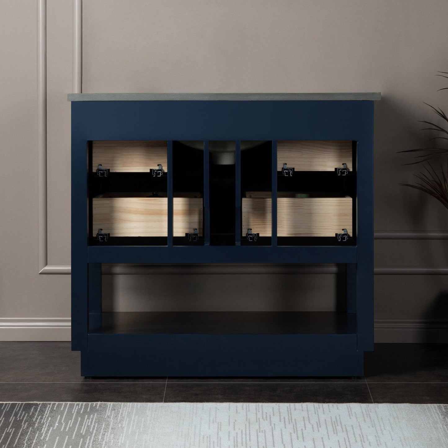 Woodbridge Venice 37" Navy Blue and Gold Trim Solid Wood Vanity Base and Dark Gray Engineered Stone Composite Top With 3 Pre-Drilled Holes for 4" Centerset Faucet