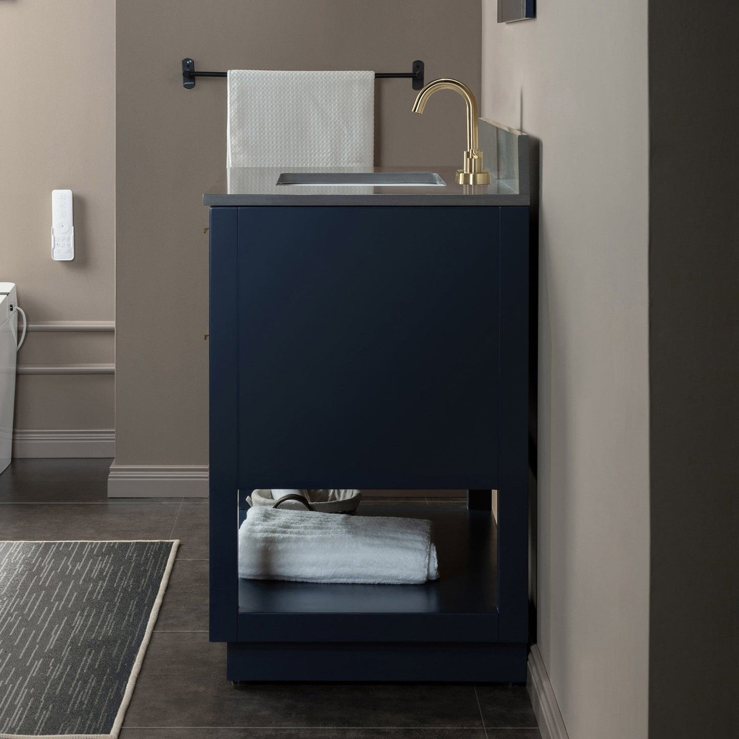 Woodbridge Venice 37" Navy Blue and Gold Trim Solid Wood Vanity Base and Dark Gray Engineered Stone Composite Top With 3 Pre-Drilled Holes for 4" Centerset Faucet