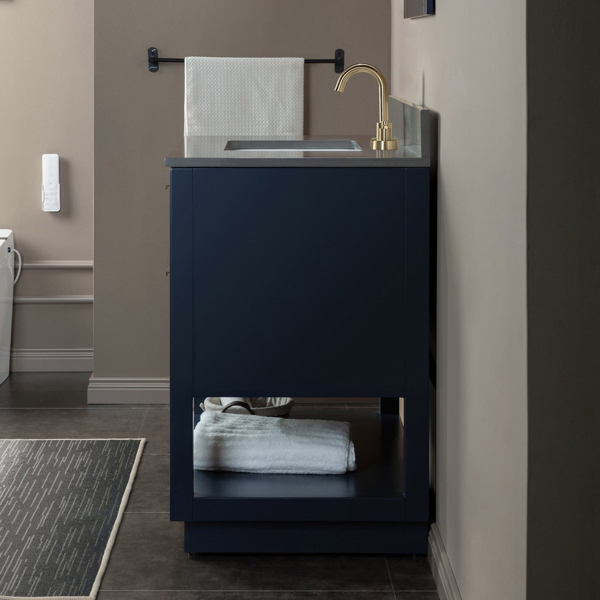 Woodbridge Venice 37" Navy Blue and Gold Trim Solid Wood Vanity Base and Dark Gray Engineered Stone Composite Top With 3 Pre-Drilled Holes for 4" Centerset Faucet
