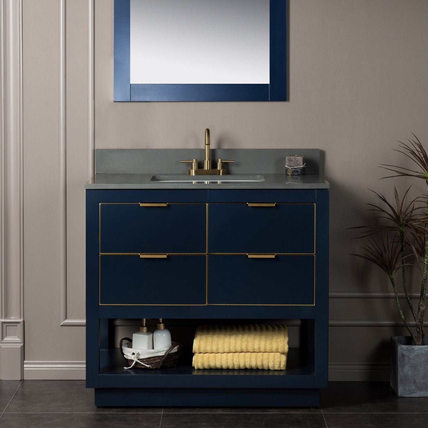 Woodbridge Venice 37" Navy Blue and Gold Trim Solid Wood Vanity Base and Dark Gray Engineered Stone Composite Top With 3 Pre-Drilled Holes for 4" Centerset Faucet