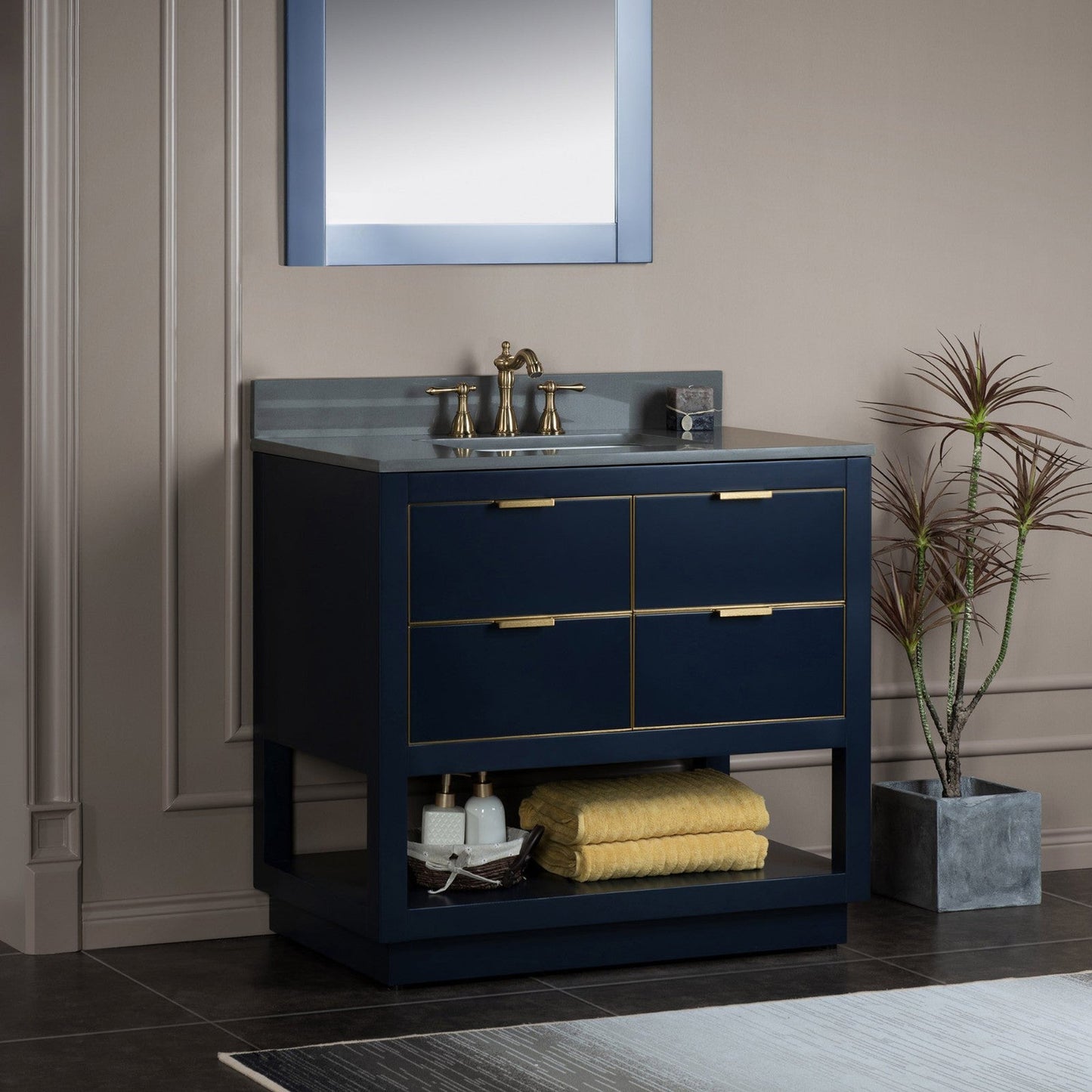 Woodbridge Venice 37" Navy Blue and Gold Trim Solid Wood Vanity Base and Dark Gray Engineered Stone Composite Top With 3 Pre-drilled Holes for 8" Widespread Faucet