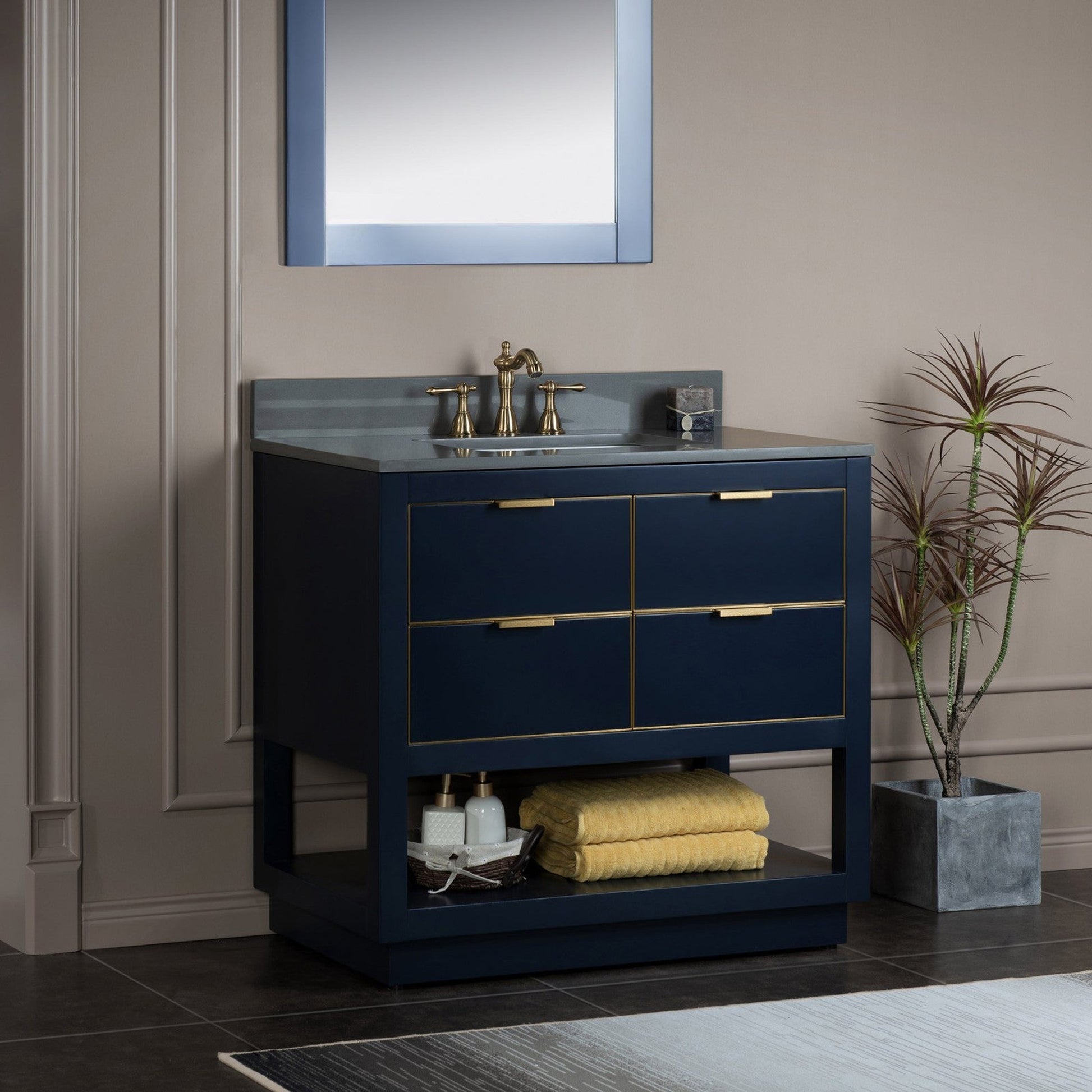 Woodbridge Venice 37" Navy Blue and Gold Trim Solid Wood Vanity Base and Dark Gray Engineered Stone Composite Top With 3 Pre-drilled Holes for 8" Widespread Faucet