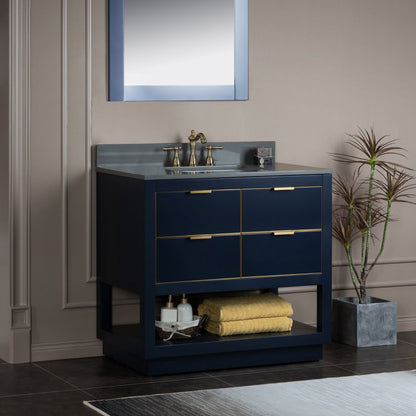 Woodbridge Venice 37" Navy Blue and Gold Trim Solid Wood Vanity Base and Dark Gray Engineered Stone Composite Top With 3 Pre-drilled Holes for 8" Widespread Faucet