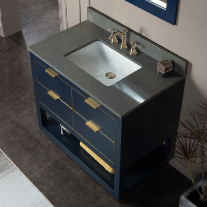 Woodbridge Venice 37" Navy Blue and Gold Trim Solid Wood Vanity Base and Dark Gray Engineered Stone Composite Top With 3 Pre-drilled Holes for 8" Widespread Faucet
