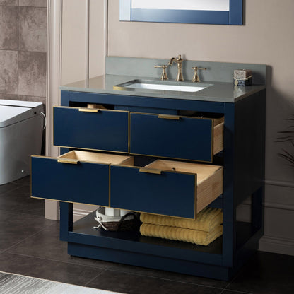 Woodbridge Venice 37" Navy Blue and Gold Trim Solid Wood Vanity Base and Dark Gray Engineered Stone Composite Top With 3 Pre-drilled Holes for 8" Widespread Faucet