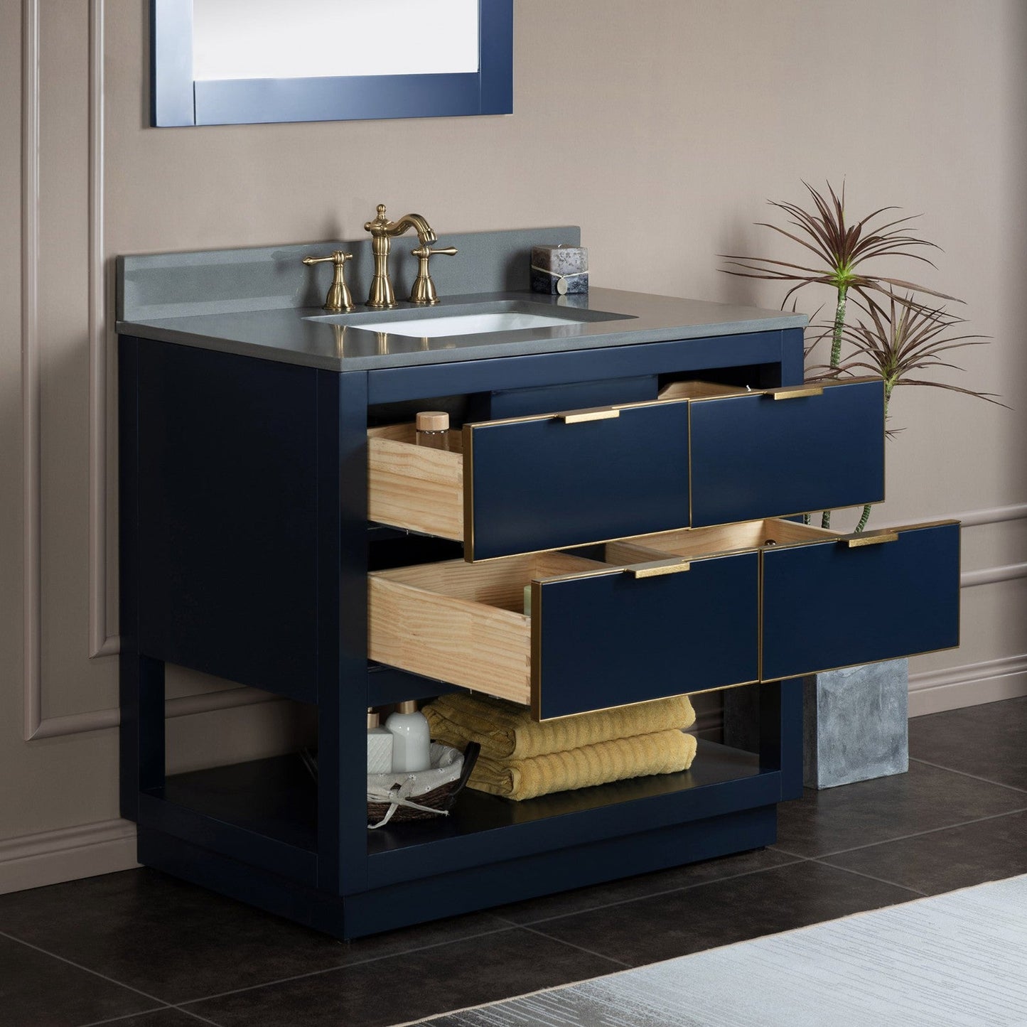 Woodbridge Venice 37" Navy Blue and Gold Trim Solid Wood Vanity Base and Dark Gray Engineered Stone Composite Top With 3 Pre-drilled Holes for 8" Widespread Faucet