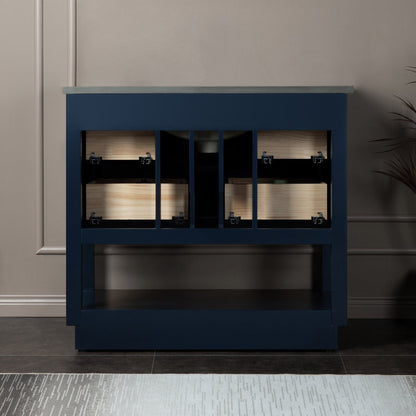 Woodbridge Venice 37" Navy Blue and Gold Trim Solid Wood Vanity Base and Dark Gray Engineered Stone Composite Top With 3 Pre-drilled Holes for 8" Widespread Faucet