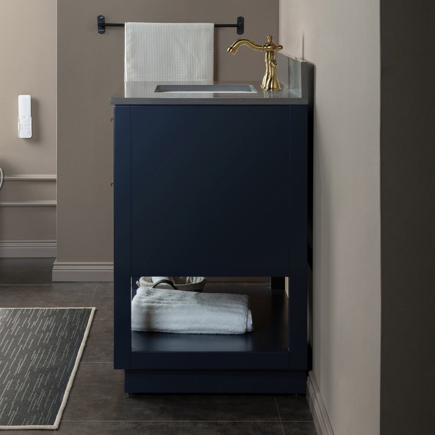 Woodbridge Venice 37" Navy Blue and Gold Trim Solid Wood Vanity Base and Dark Gray Engineered Stone Composite Top With 3 Pre-drilled Holes for 8" Widespread Faucet