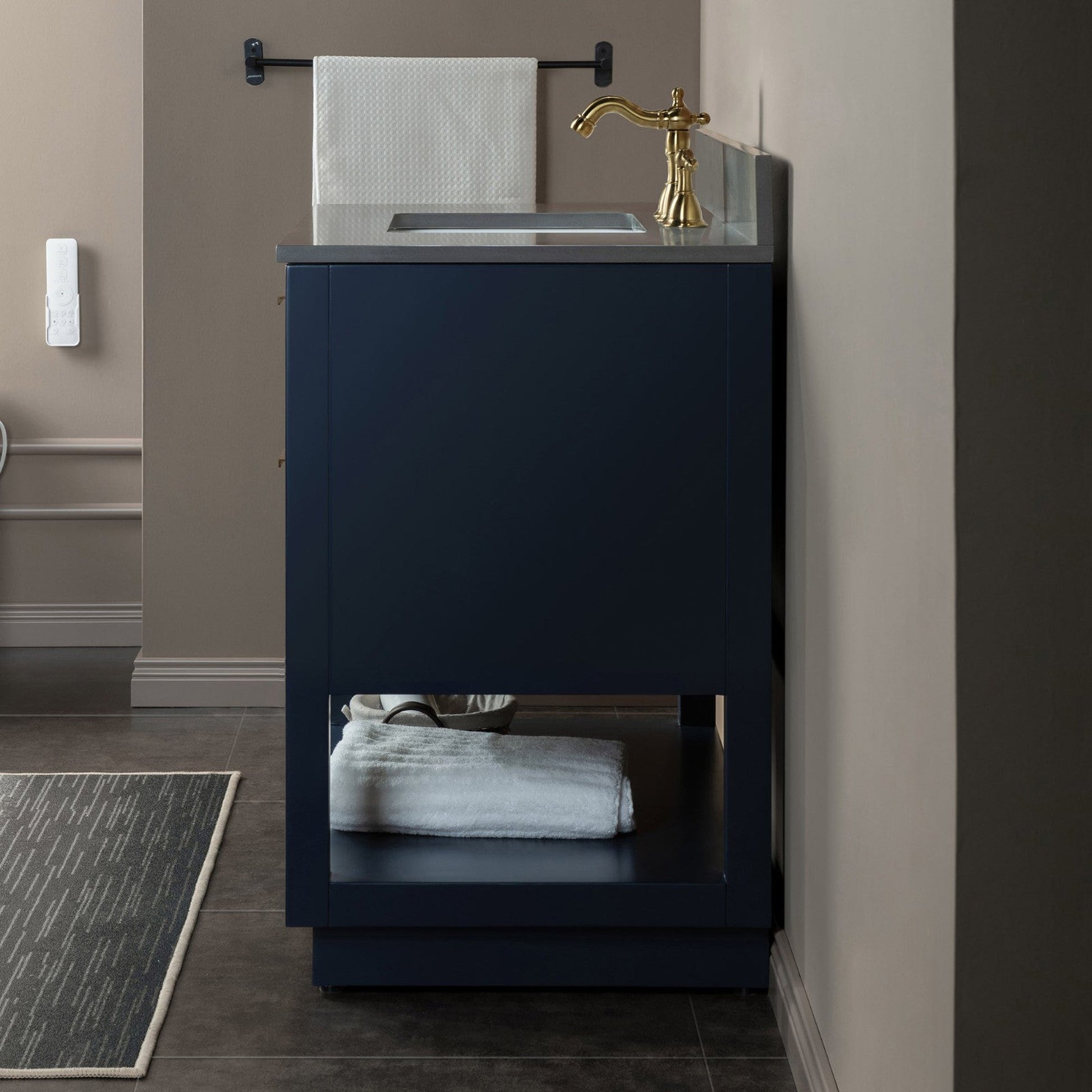 Woodbridge Venice 37" Navy Blue and Gold Trim Solid Wood Vanity Base and Dark Gray Engineered Stone Composite Top With 3 Pre-drilled Holes for 8" Widespread Faucet